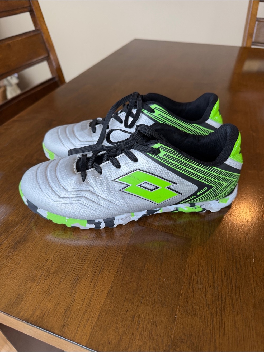 Youth Turf Cleats in Silver with Neon Green Accents